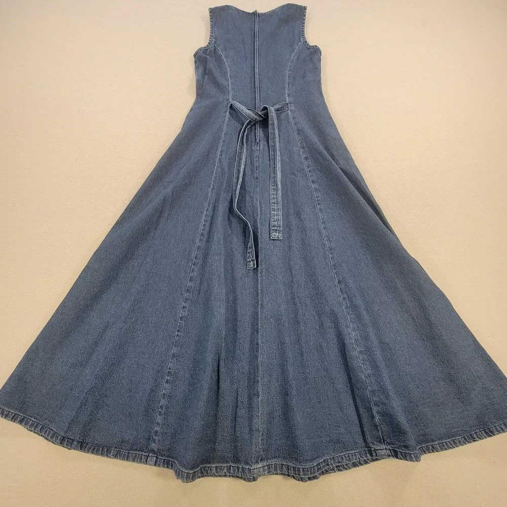 Vintage Styleworks Denim Maxi‎ Dress Blue Embroidered Mesh Floral Boho Women's 4 - Picture 11 of 12